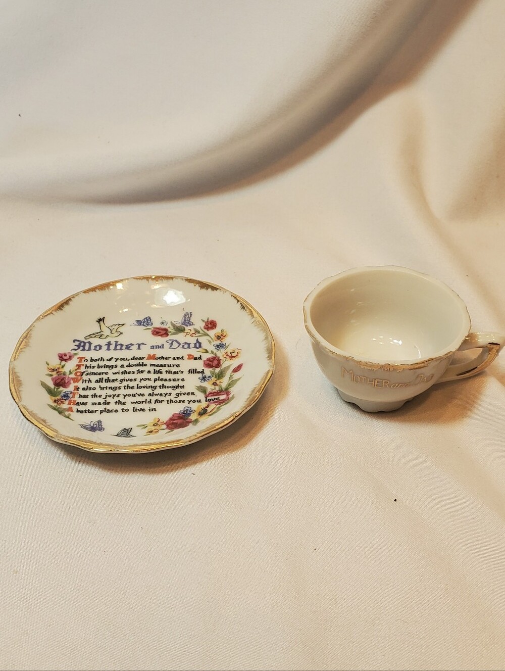 Mother and Dad Vtg Miniature Floral Porcelain Cup and Saucer Set with Gold Trim